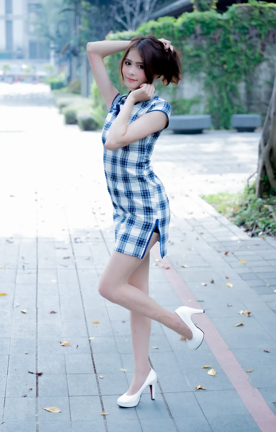 [Mzsock] NO.205 He Jiaxin plaid short cheongsam stockings high heels beautiful legs street photography#[84P]-46